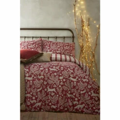Riva Home Furn. Berry Red Wildberry Red Skandi Woodland Brushed Cotton Reversible Duvet Cover And Pillowcase Set